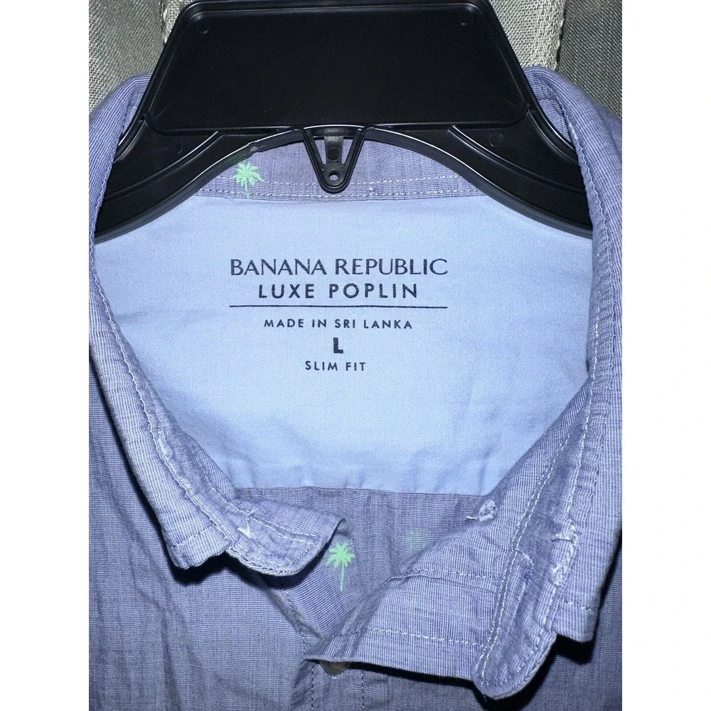Banana Republic LUXE‎ POPLIN SHIRT Large Palm Tree Preppy Careercore Purple Teal